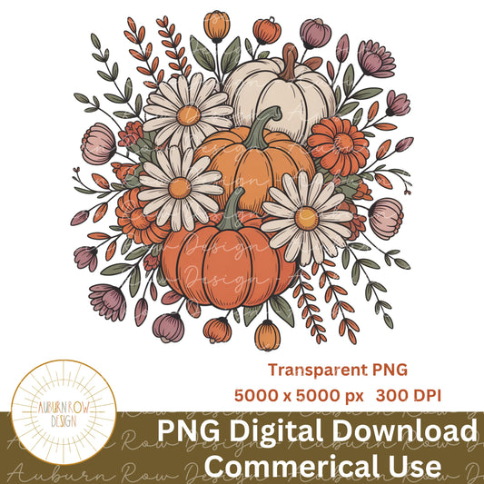 Autumn Pumpkin Floral Bouquet PNG Digital Download, Fall Flowers Clipart, Commercial Use, High Resolution Graphic Design Craft Art