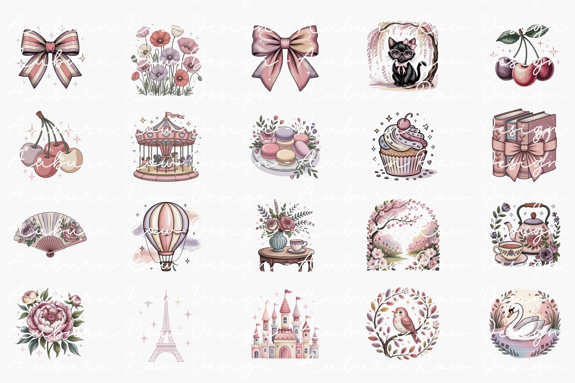 Vintage Floral Graphics Set, Watercolor Flowers, Bows, Cupcakes, Carousel, Digital Download