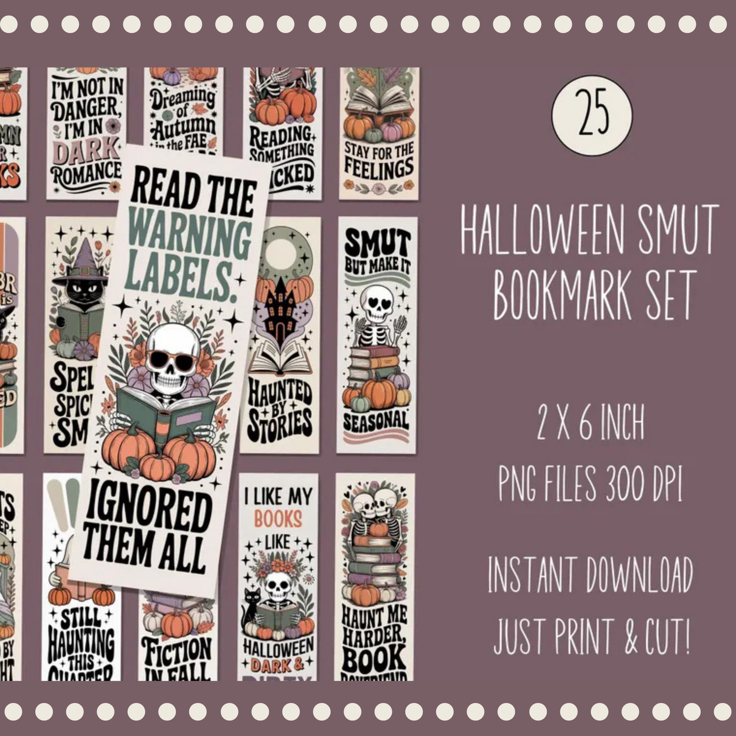 Halloween Bookmark Set Digital Download, Spooky Cute Characters, Reading Accessories, Gothic Decor, 2x6 Inch, DIY Print and Cut, Instant