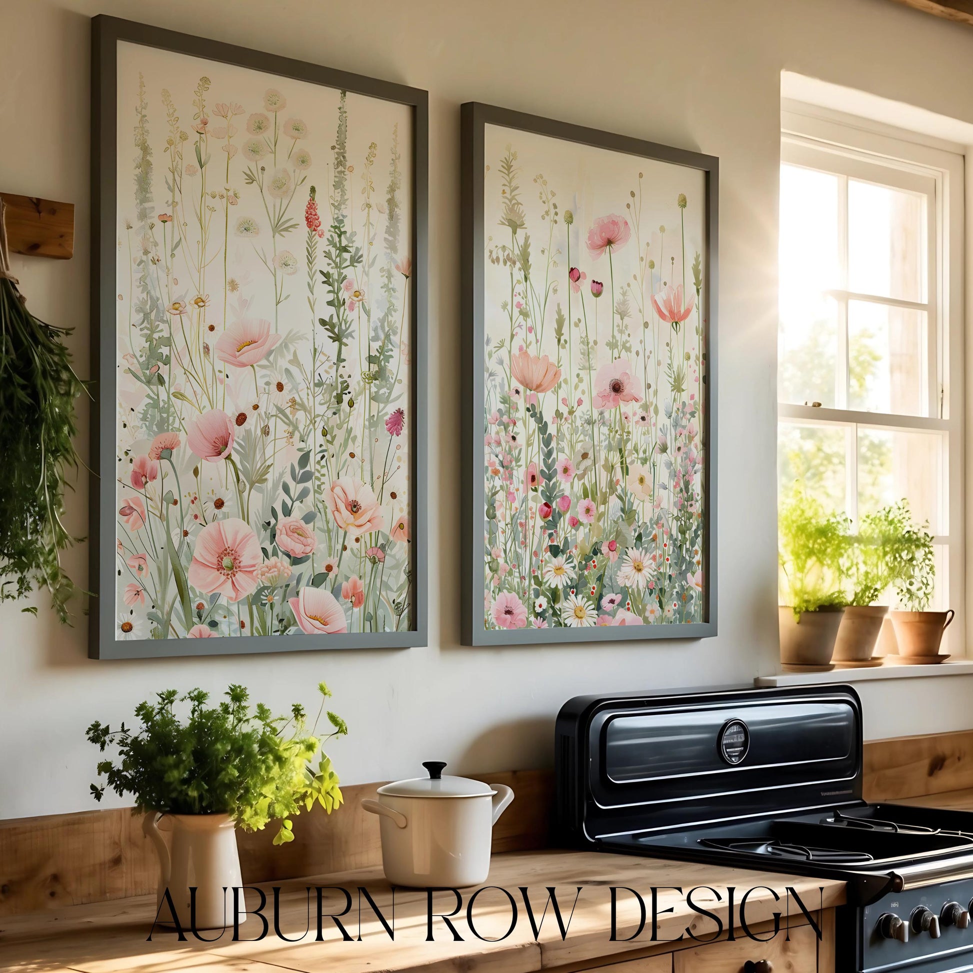 Floral Wall Art Prints Set of Two, Pink Flowers Botanical Illustration, Modern Home Decor, Kitchen Artwork, Nature Inspired Design