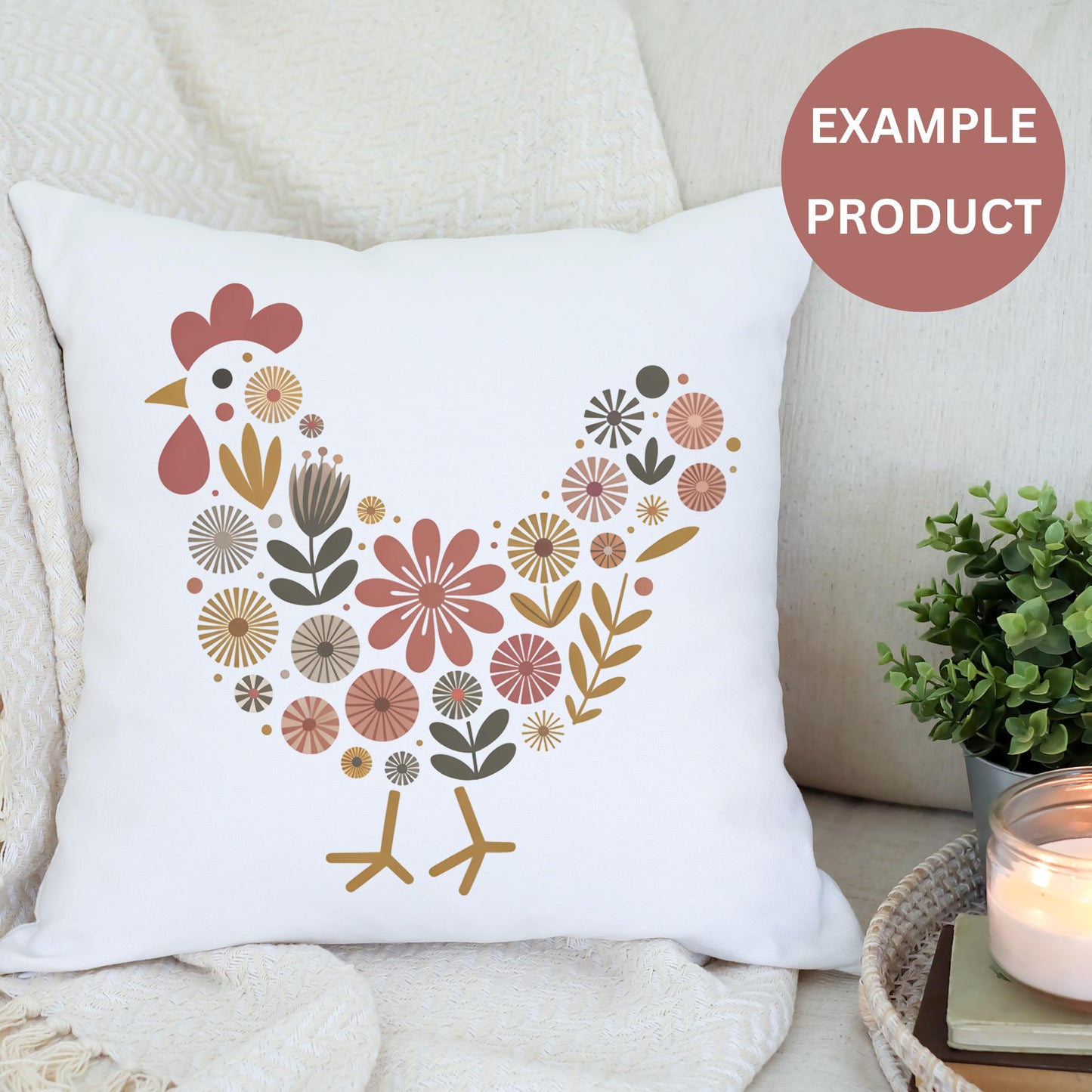 Floral Rooster Design Throw Pillow Cover, Decorative Farmhouse Cushion Case, Country Chic Home Decor
