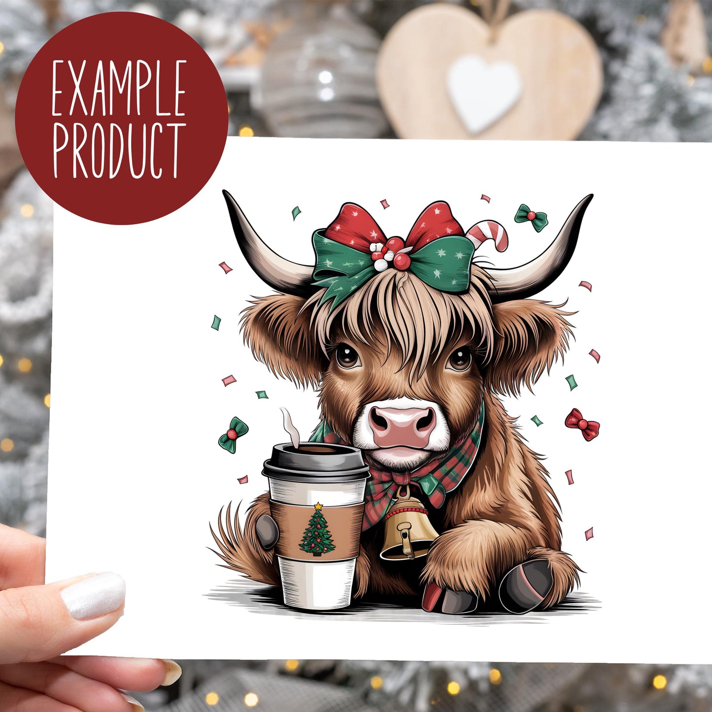 Highland Cow Christmas Card, Festive Coffee Lover Holiday Greeting, Cute Animal Illustration