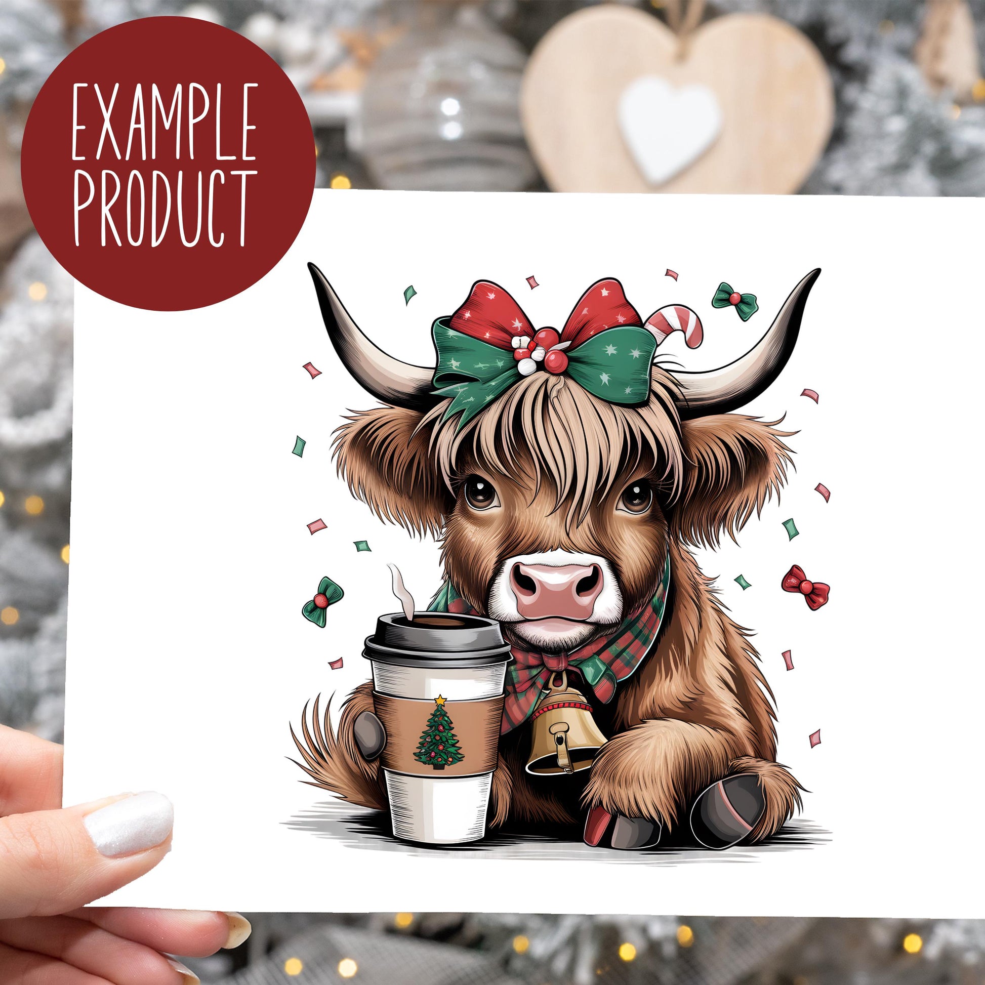 Highland Cow Christmas Card, Festive Coffee Lover Holiday Greeting, Cute Animal Illustration