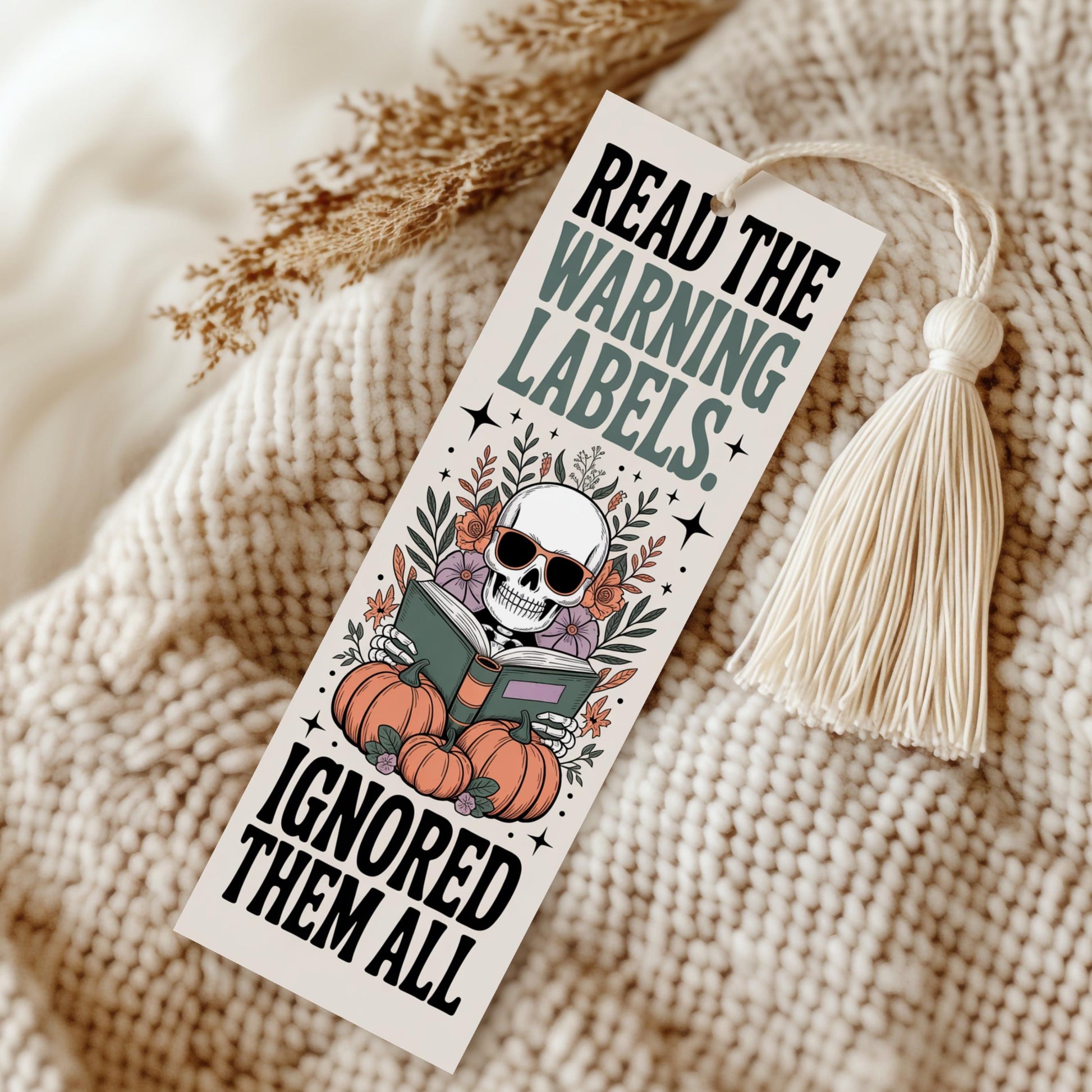 Halloween Bookmark, Skull and Pumpkins, Quirky Gothic Bookmark with Tassel, Fall Reading Accessory, Spooky Cute Book Lover Gift