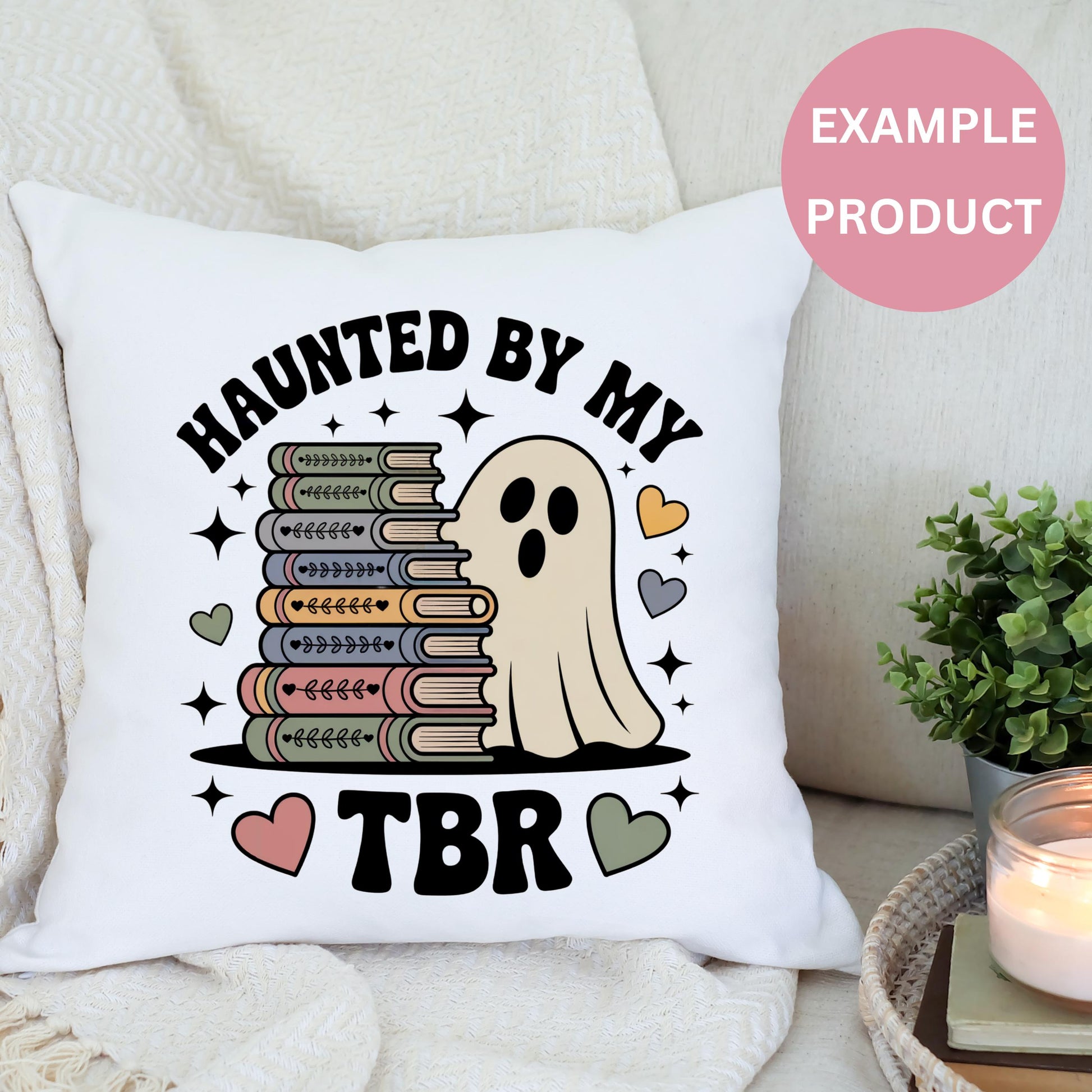 Haunted by My TBR Ghost and Books Throw Pillow, Cute Spooky Home Decor, Reading Nook Cushion