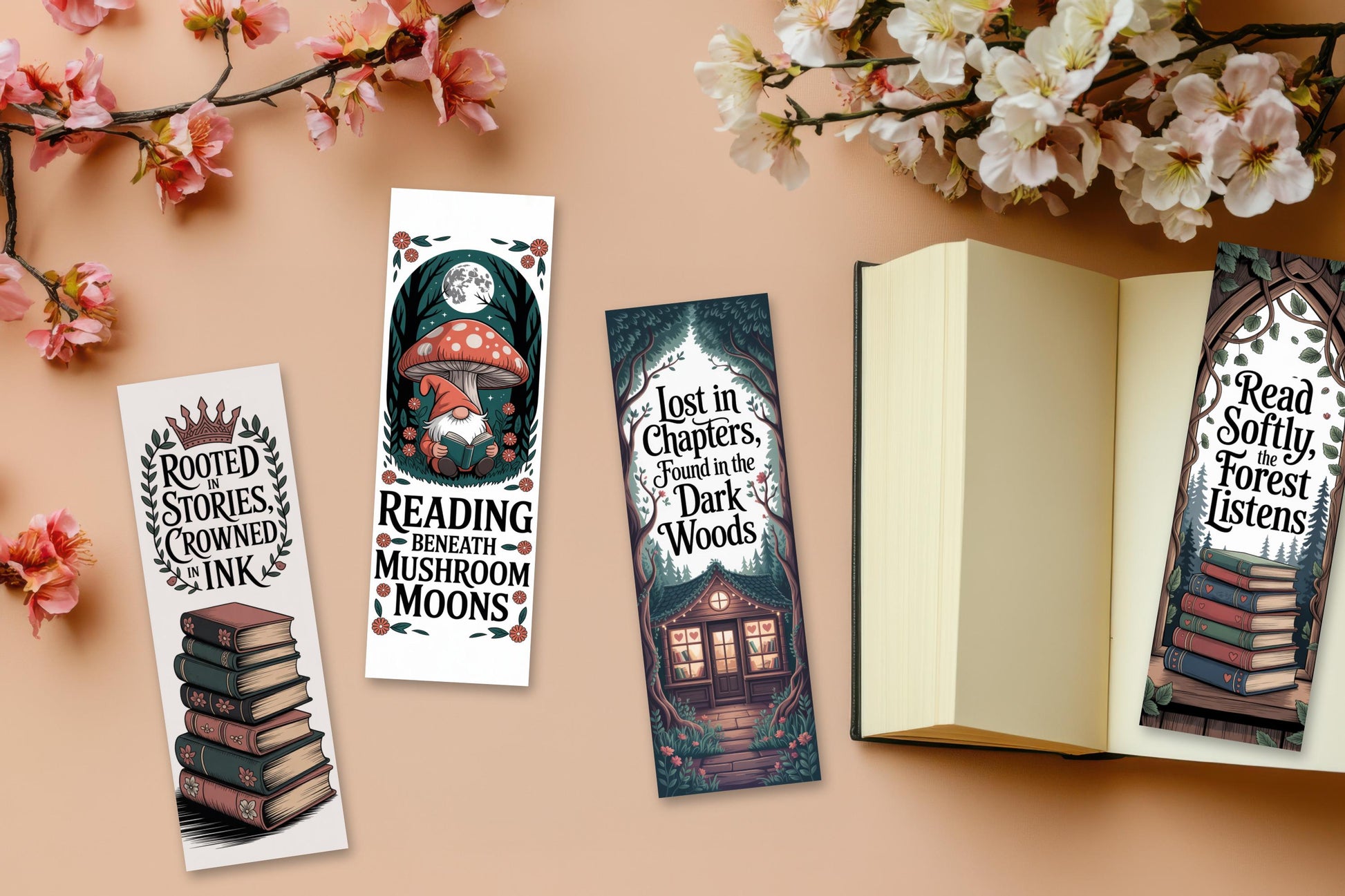 Enchanted Forest Bookmarks, Whimsical Reading Accessories, Mushroom and Cottage Designs, Set of Three, Gift for Book Lovers