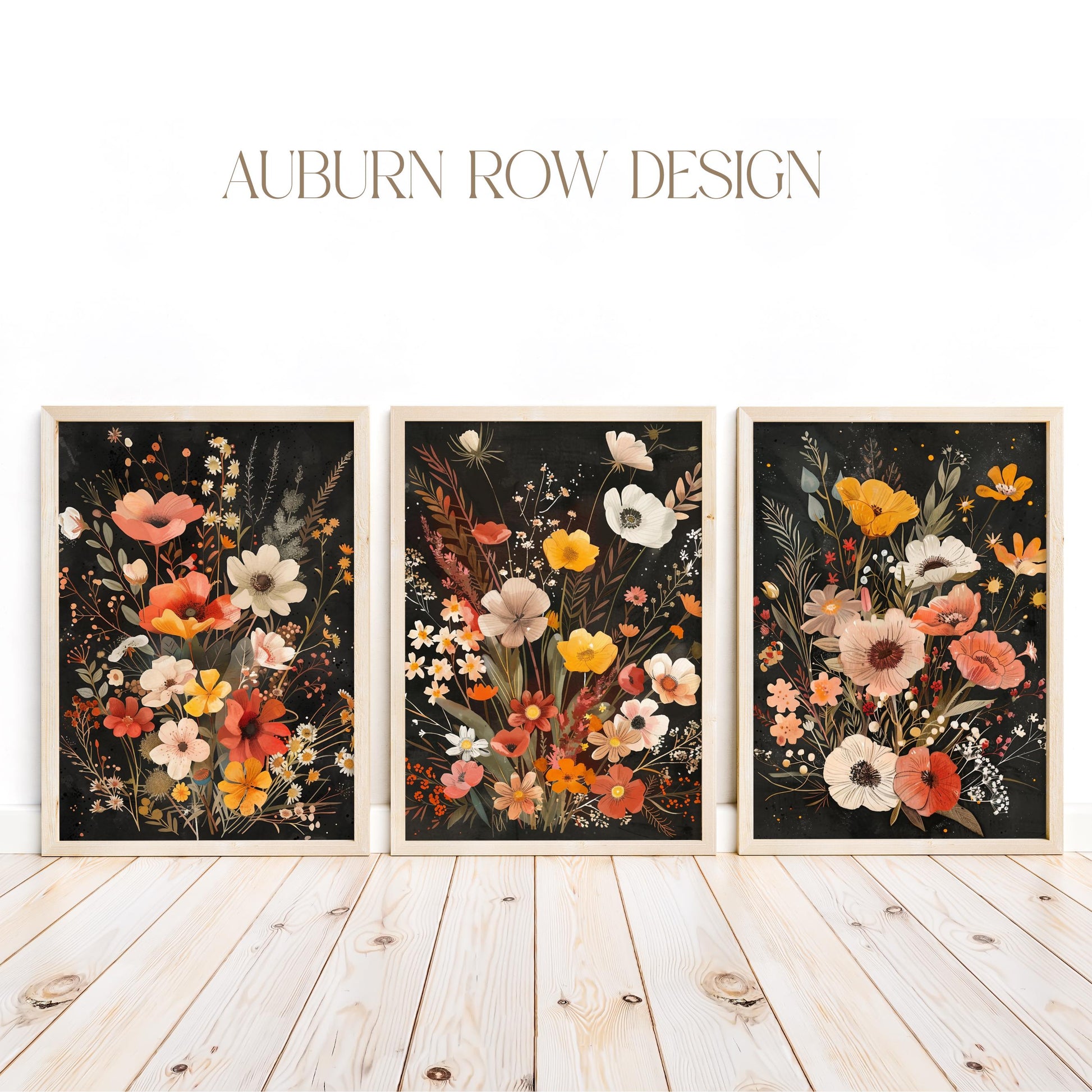 Vintage Floral Art Prints Set of 3, Botanical Wall Decor, Black Background, Colorful Flowers, Home Decoration, Gift Idea