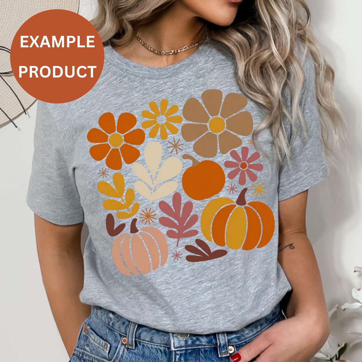 Women's Floral Pumpkin Graphic T-Shirt, Autumn Colors Casual Tee, Fall Fashion Apparel, Soft Cotton Top