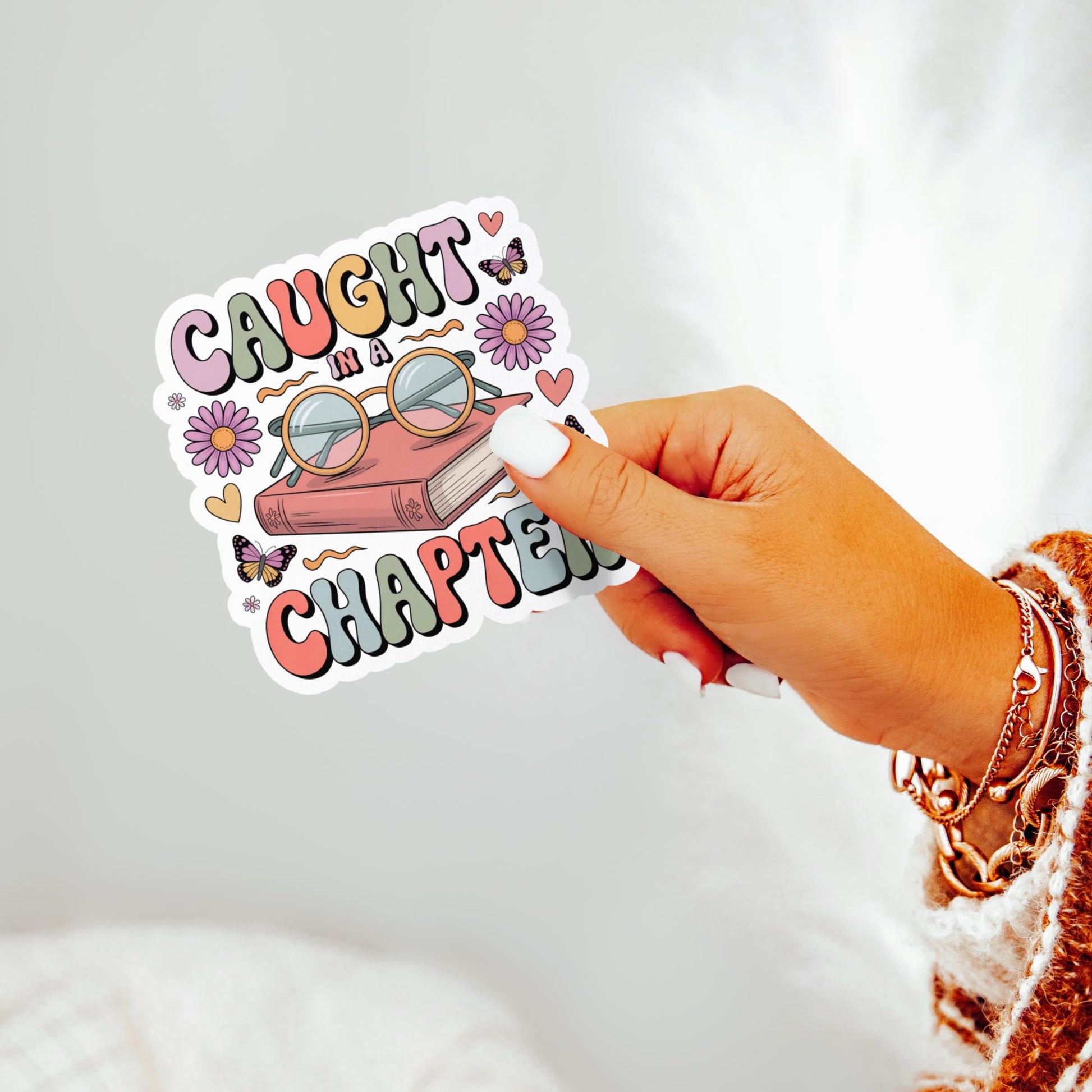 Caught Up Chapters Vinyl Sticker, Cute Book Lover Decal, Floral Reading Car Sticker, Waterproof Laptop Decoration, Pink Glasses Design