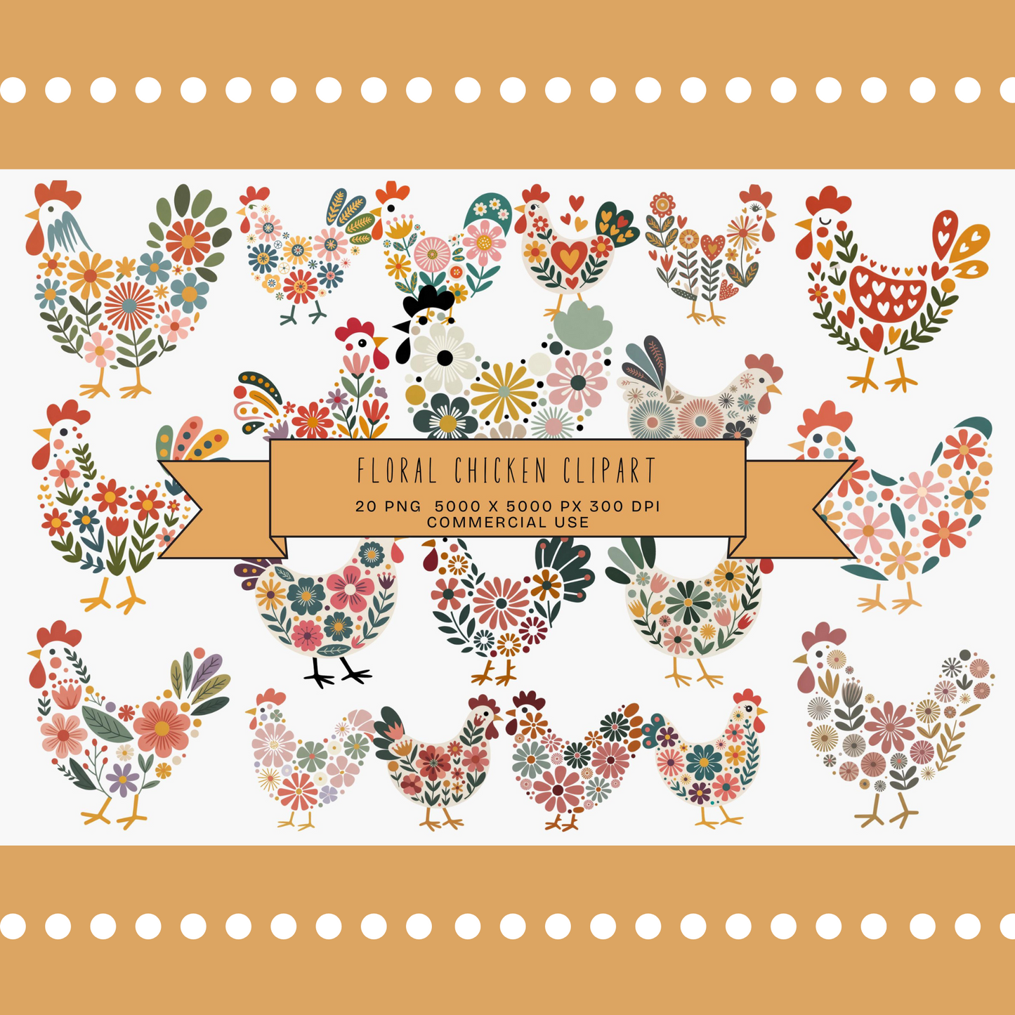 Floral Chicken Clipart, Colorful Folk Art Birds, Digital Download, PNG Files, Vintage Style Illustration, Commercial Use