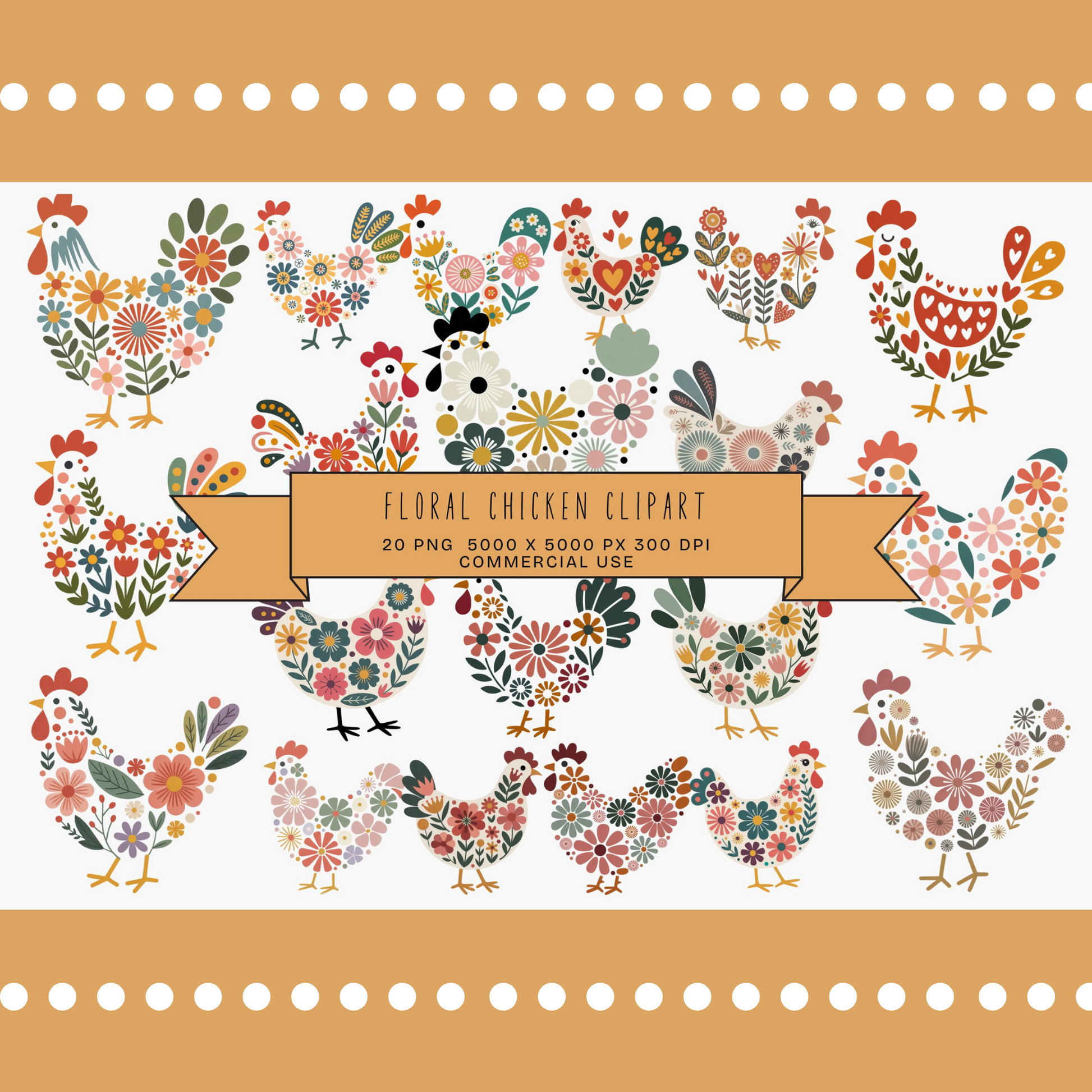 Floral Chicken Clipart, Colorful Folk Art Birds, Digital Download, PNG Files, Vintage Style Illustration, Commercial Use