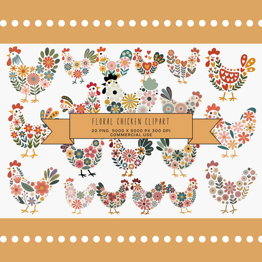 Floral Chicken Clipart, Colorful Folk Art Birds, Digital Download, PNG Files, Vintage Style Illustration, Commercial Use