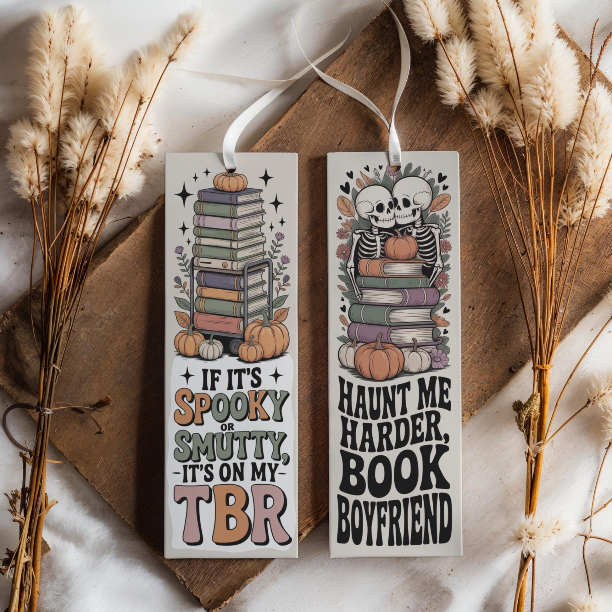 Spooky Smutty Bookmarks, Skeleton and Pumpkin, Haunted Boyfriend, Halloween Reading Accessories, Set of 2