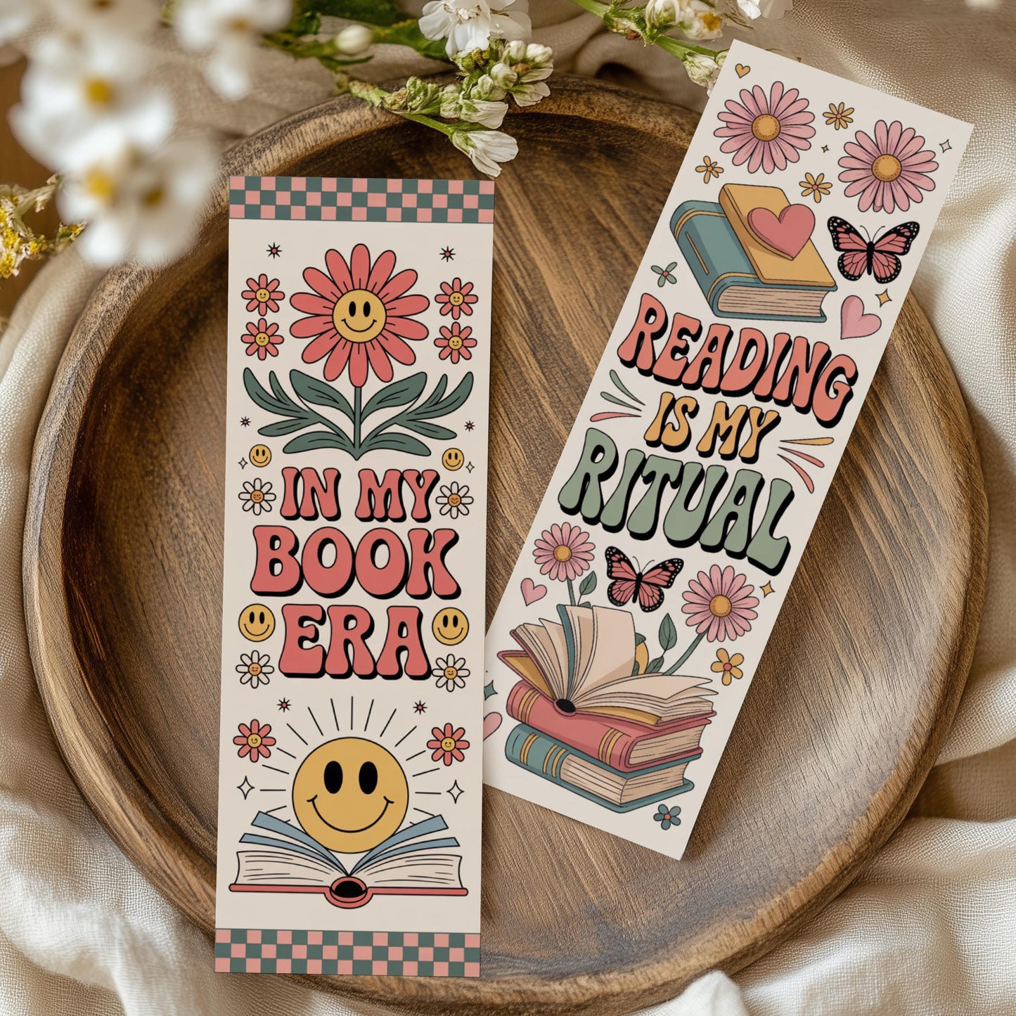 Reading is My Ritual Bookmark, Floral Book Lover Gift, Cute Smiley Face and Book Stack Design, Boho Chic Bookmark for Readers