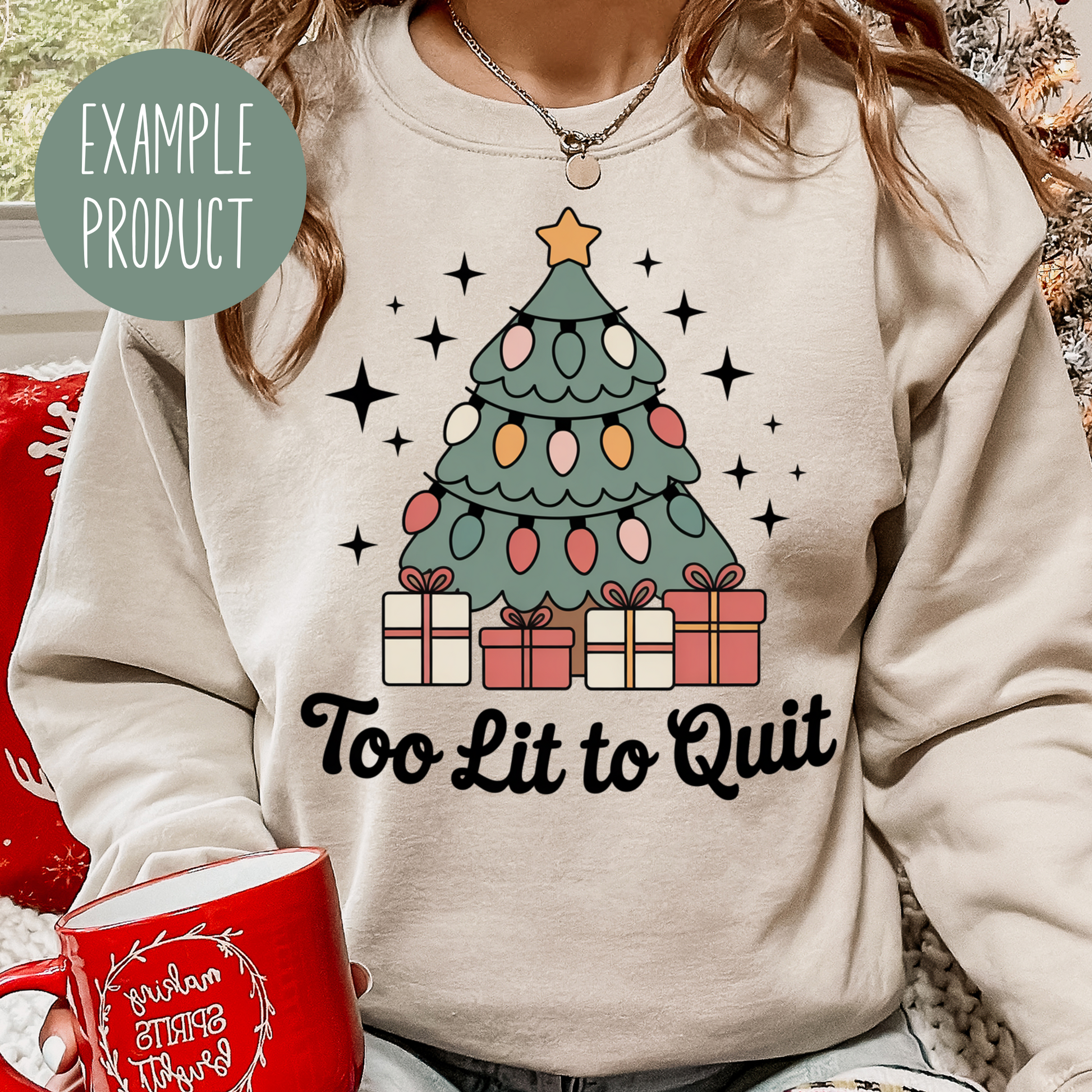 Festive Christmas Tree and Presents Graphic Sweatshirt, 'Too Lit to Quit' Holiday Top, Cozy Winter Apparel