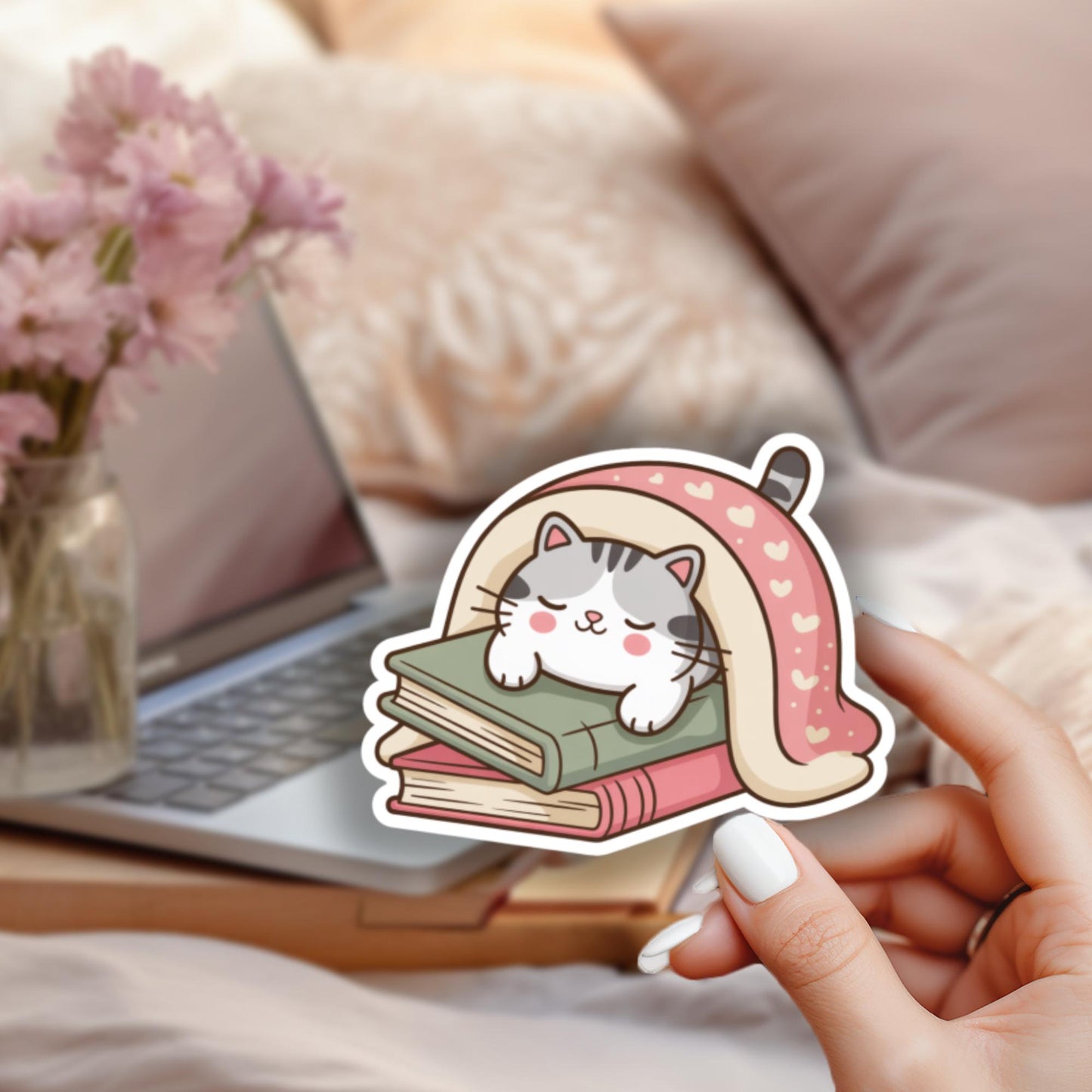 Cute Cat Sticker, Reading Kitten, Laptop Decal, Cozy Book Lover Gift, Vinyl Waterproof Sticker for Journaling