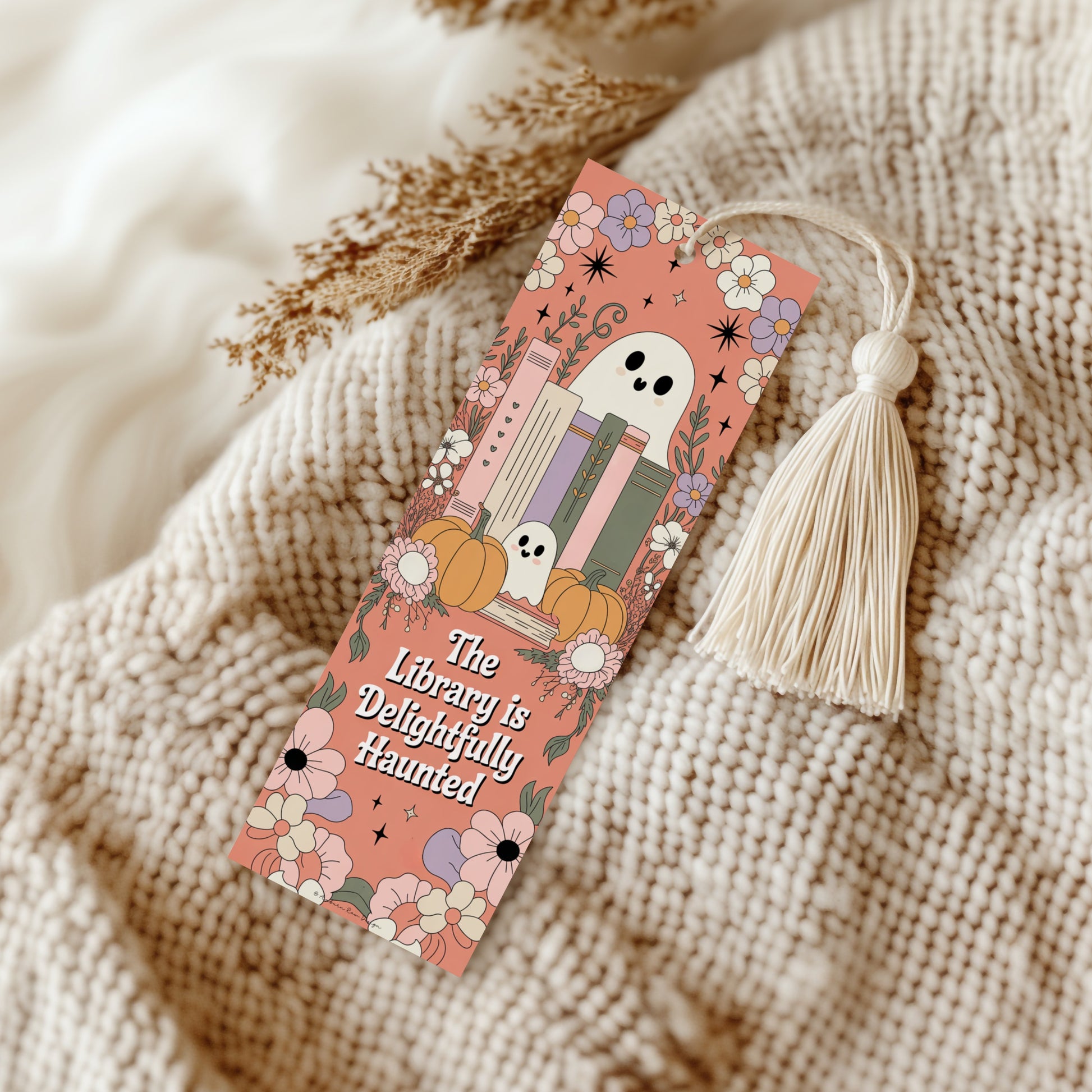 Delightfully Haunted Library Bookmark with Tassel, Cute Ghost and Pumpkin Design, Autumn Reading Accessory