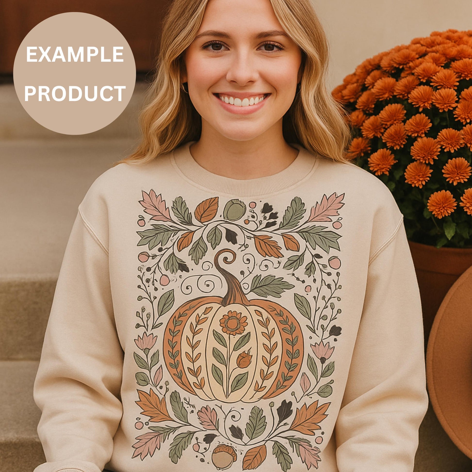Women's Autumn-Themed Floral Pumpkin Sweatshirt, Cozy Fall Crewneck Pullover, Unique Illustrated Sweater, Thanksgiving Apparel