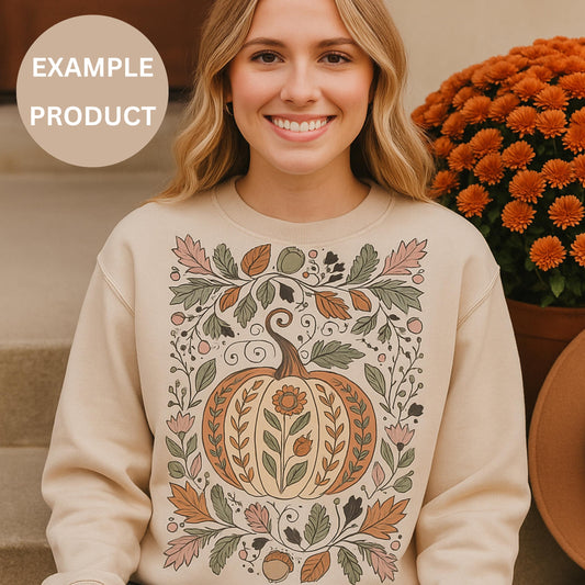 Women's Autumn-Themed Floral Pumpkin Sweatshirt, Cozy Fall Crewneck Pullover, Unique Illustrated Sweater, Thanksgiving Apparel
