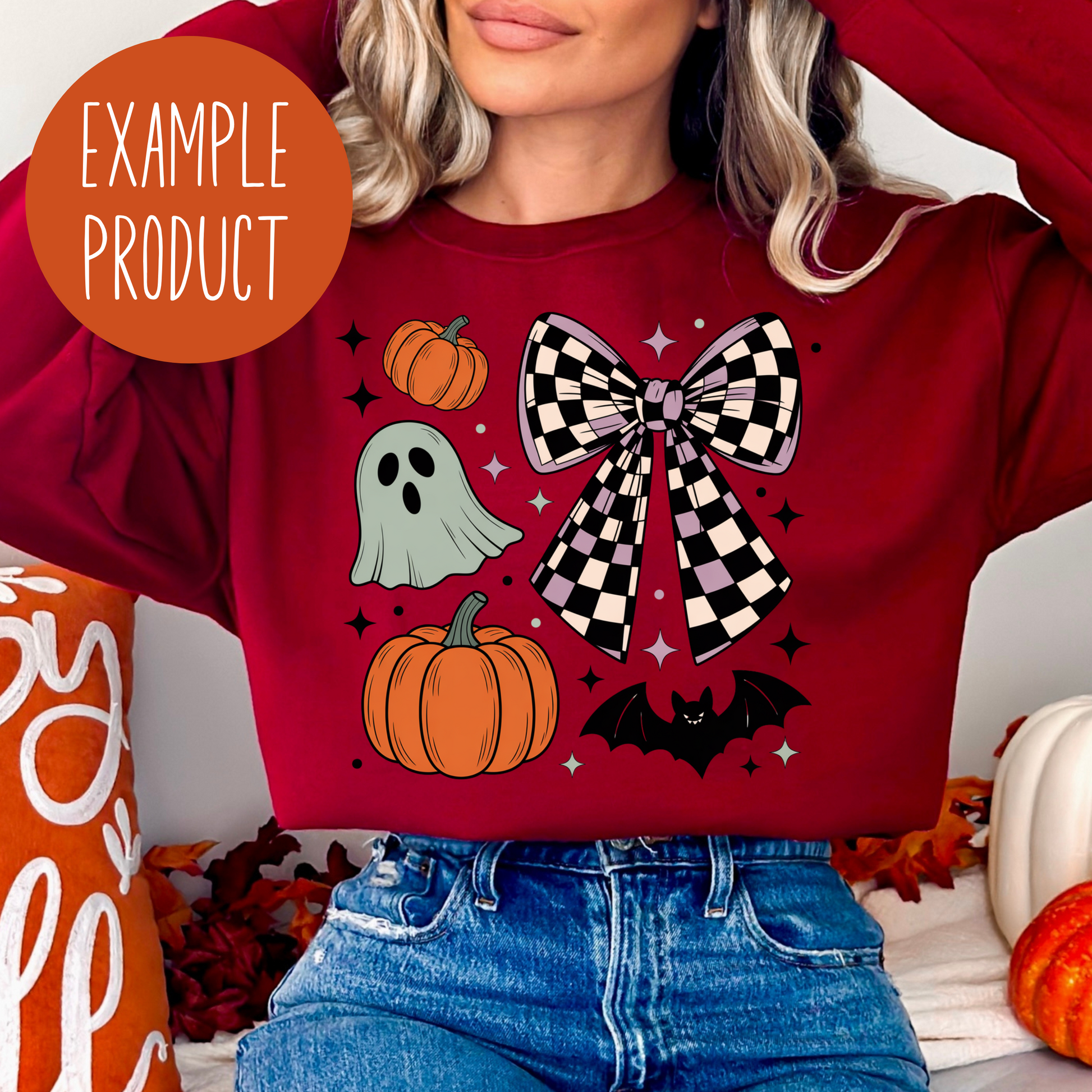Women's Halloween Sweatshirt, Cute Ghost and Pumpkin, Buffalo Plaid Bow, Fall Fashion, Cozy Autumn Pullover, Festive Top